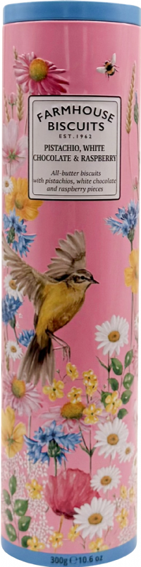 FARMHOUSE BISCUITS Pistachio, White Chocolate & Raspberry Biscuits in Birds in Bloom Tin 300g