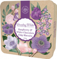 GRANDMA WILD'S Raspberry & White Chocolate Chip Biscuits in Botanical Floral Tin 200g