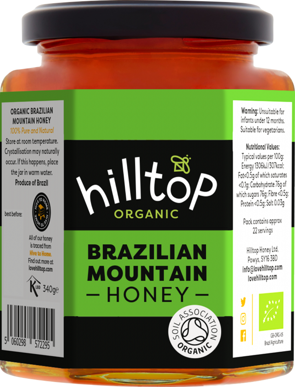 HILLTOP Organic Brazilian Mountain Honey 340g (5060298572295)