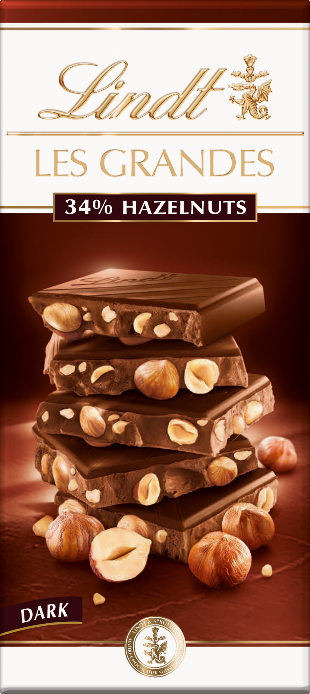 LINDT Les Grandes Dark Chocolate 34% Hazelnuts Bar 150g
